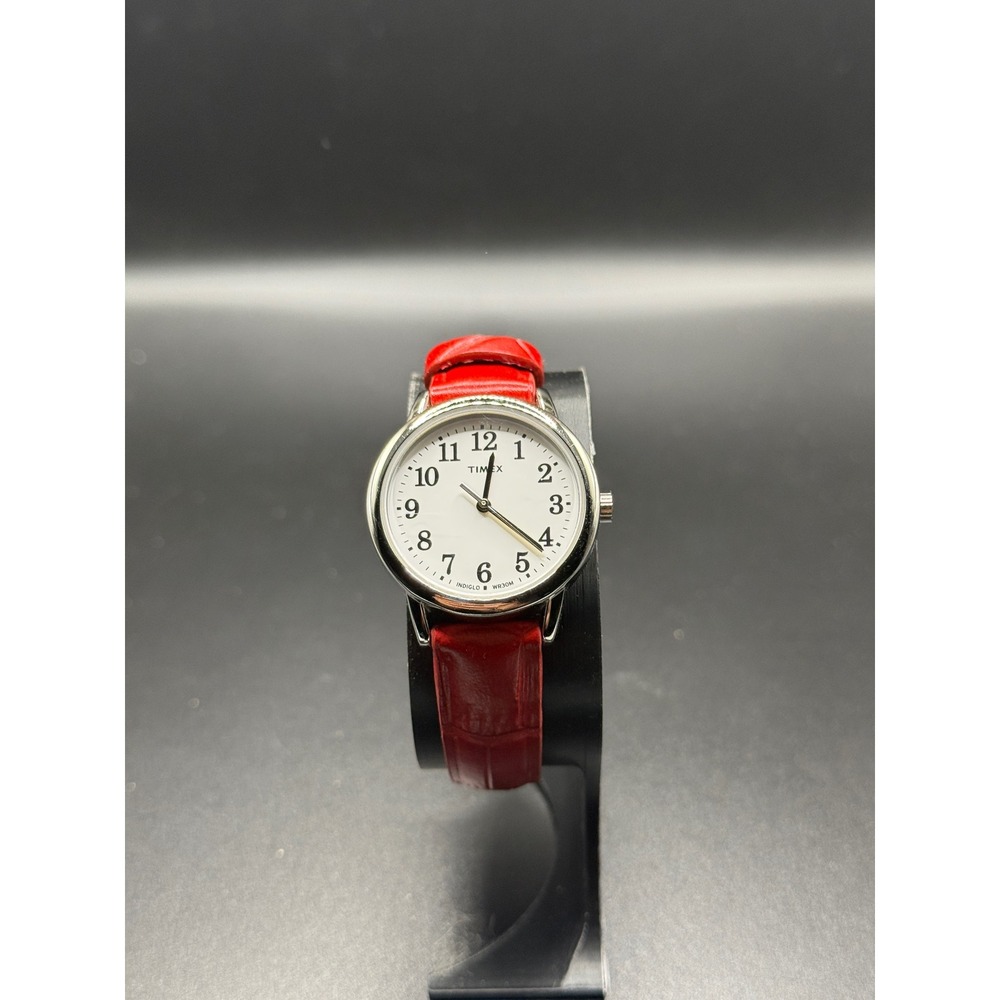Timex Easy Reader TW2P58700 White Dial Red Leather Strap Watch Indiglo